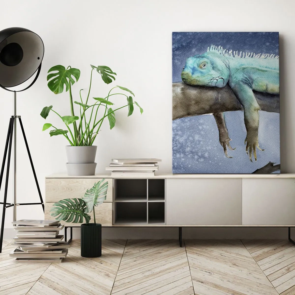 Cuadro sobre lienzo - Impresión de Imagen - Iguana azul descansando en una rama - 50x70cm - Me siento bien, ¿y tú? - Decoración de pared moderna para salón y dormitorio ARTTOR