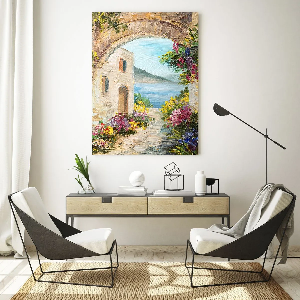 Cuadro sobre vidrio - Impresiones sobre Vidrio - Paisaje costero con edificios de piedra y flores. - 80x120cm - El encanto del paisaje costero - Decoración de pared moderna para salón y dormitorio ARTTOR