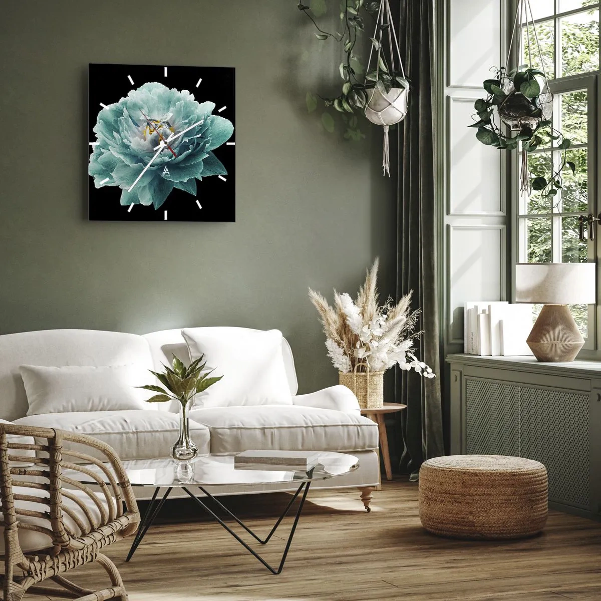 Reloj de pared - Reloj de vidrio - Pétalos azules y dorados - 40x40 cm