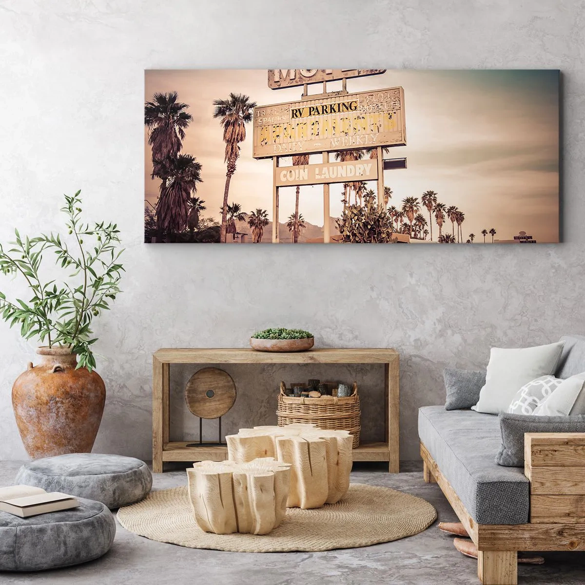 Cuadro sobre lienzo - Impresión de Imagen - Letrero de motel retro rodeado de palmeras - 160x50cm - El tiempo se detuvo - Decoración de pared moderna para salón y dormitorio ARTTOR