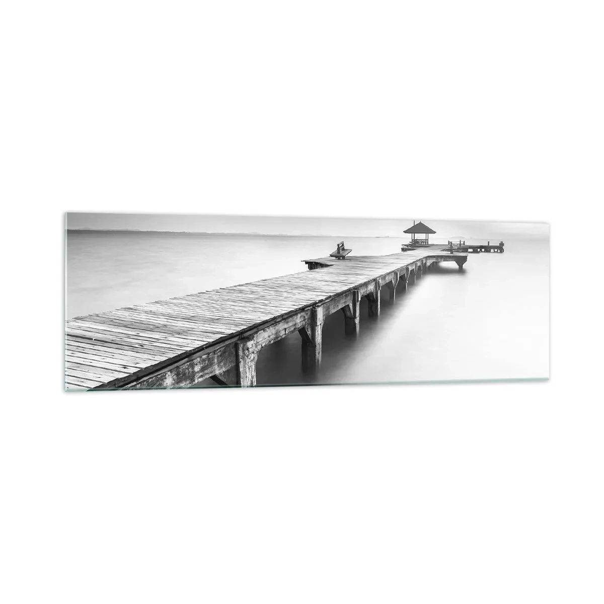 Cuadro sobre vidrio - Impresiones sobre Vidrio - Una vista en blanco y negro de un muelle de madera sobre aguas tranquilas. - 160x50cm - Lejos - Decoración de pared moderna para salón y dormitorio ARTTOR