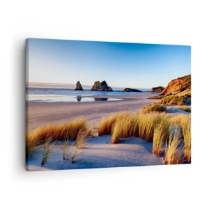 Cuadro sobre lienzo - Impresión de Imagen - Una playa pintoresca con vistas a las rocas y al mar al atardecer. - 70x50cm - Para buscadores de tranquilidad - Decoración de pared moderna para salón y dormitorio ARTTOR