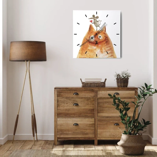 Reloj de pared - Reloj de vidrio - Un dibujo de un gato con un ratón en la cabeza sosteniendo un corazón. - 30x30cm - Paradojas del amor - Decoración de pared moderna para salón y dormitorio ARTTOR