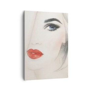 Cuadro sobre lienzo - Impresión de Imagen - Un retrato minimalista de una mujer con ojos azules y labios rojos. - 50x70cm - Hipnotiza y embriaga - Decoración de pared moderna para salón y dormitorio ARTTOR