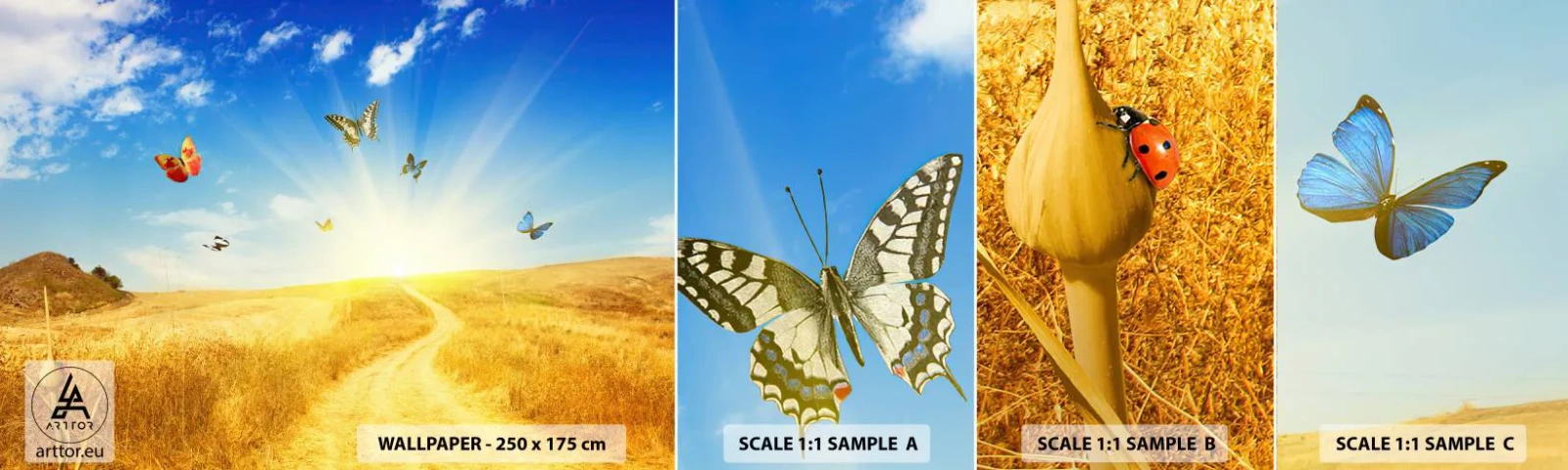 Muestra De Fotomural Standard Eco - ¿Cómo no amar el verano? - Paisaje, mariposas, Naturaleza - 100x30 cm