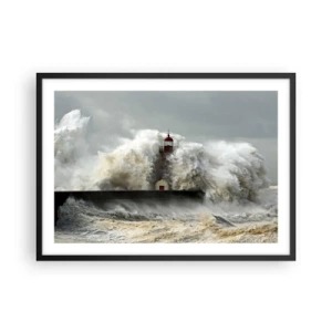 Póster en marco negro - Un faro rodeado de fuertes olas durante una tormenta. - 70x50cm - La furia del océano - Decoración de pared moderna para salón y dormitorio ARTTOR