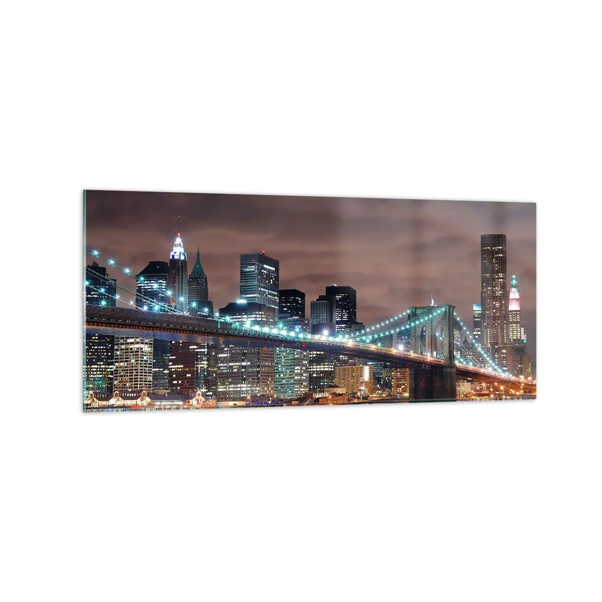 Cuadro sobre vidrio - Impresiones sobre Vidrio - El puente iluminado por la noche con el panorama de la ciudad moderna como telón de fondo. - 120x50cm - Las luces de la gran ciudad - Decoración de pared moderna para salón y dormitorio ARTTOR