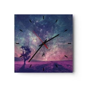 Reloj de pared - Reloj de vidrio - Un árbol contra un cielo estrellado en colores púrpura y azul. - 30x30cm - Bajo un cielo mágico - Decoración de pared moderna para salón y dormitorio ARTTOR