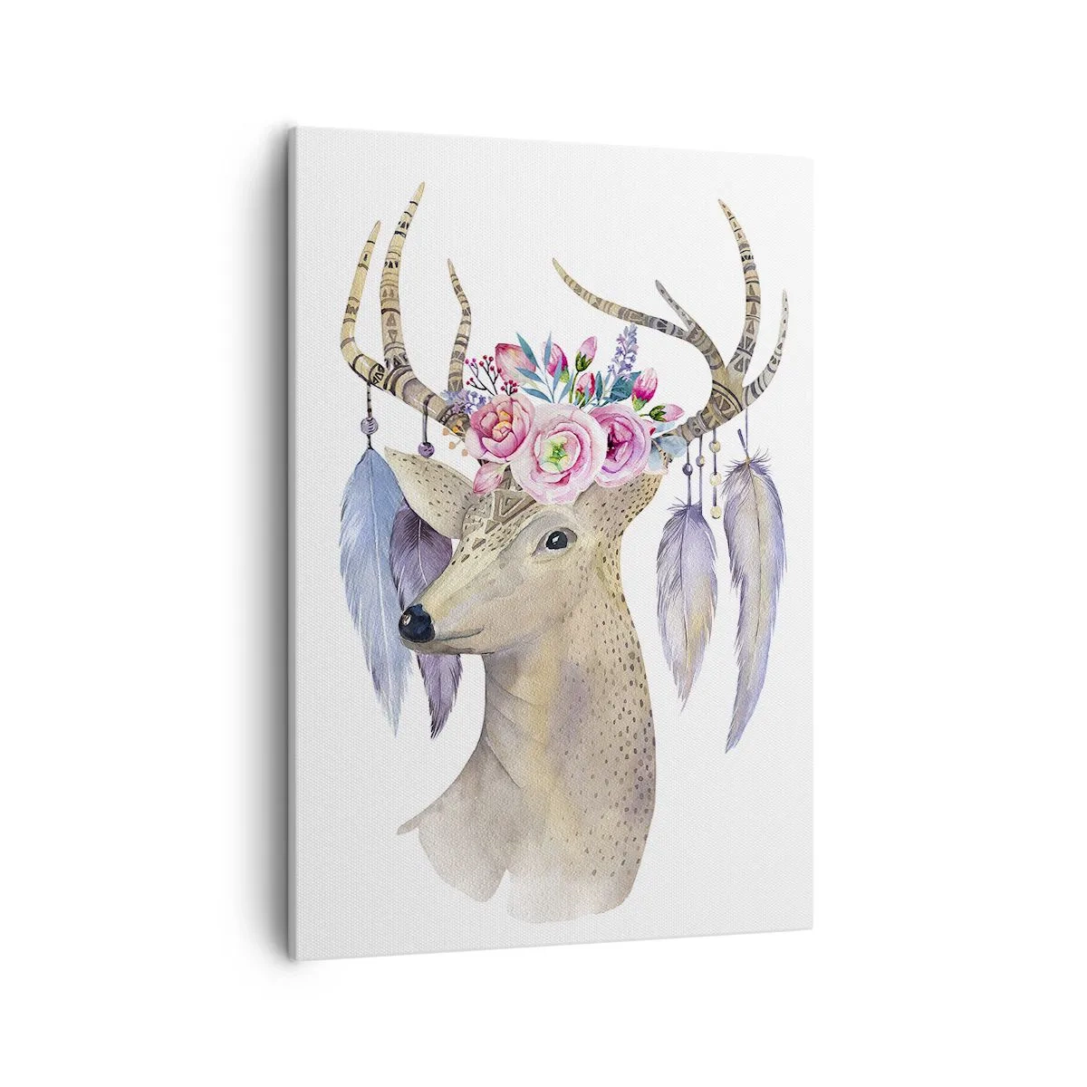 Cuadro sobre lienzo - Impresión de Imagen - Gráfico romántico de ciervo con flores y plumas. - 50x70cm - Guía del alma - gentil, inocente - Decoración de pared moderna para salón y dormitorio ARTTOR