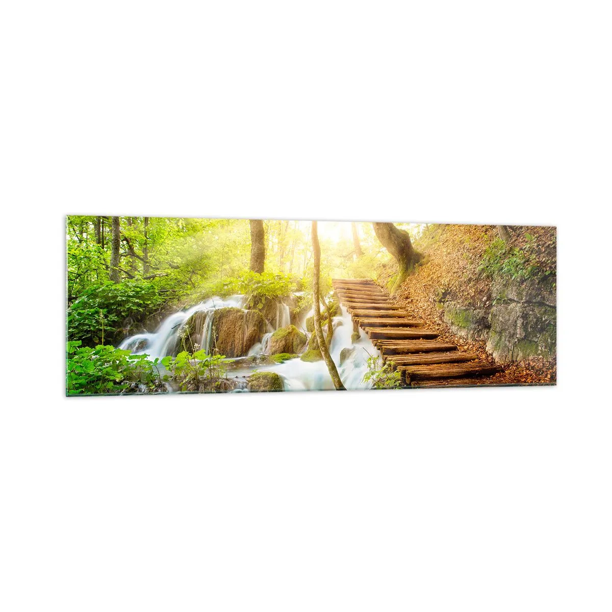 Cuadro sobre vidrio - Impresiones sobre Vidrio - Camino forestal con escaleras de madera junto a la cascada. - 160x50cm - El ansiado frescor - Decoración de pared moderna para salón y dormitorio ARTTOR