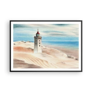 Póster en marco negro - Un faro rodeado de dunas de arena y un cielo azul. - 100x70cm - Siempre mirando al mar - Decoración de pared moderna para salón y dormitorio ARTTOR