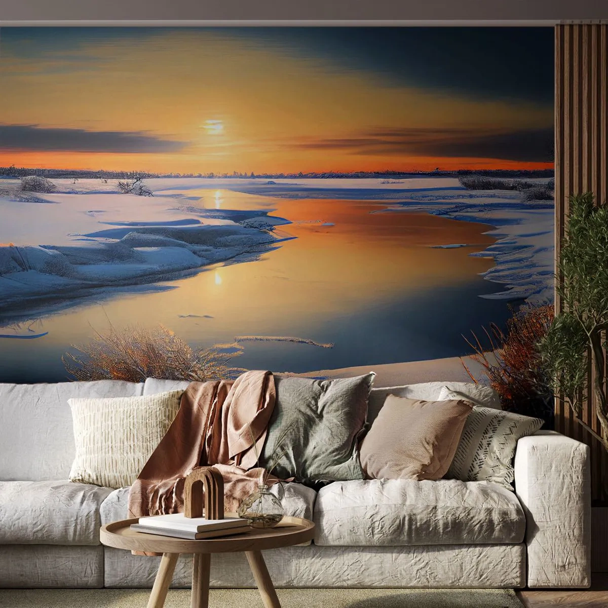 Fotomural Premium Sand - Un río cubierto de nieve a la luz de un atardecer invernal. - 100x70cm - Atardecer de invierno - Decoración de pared moderna para salón y dormitorio ARTTOR