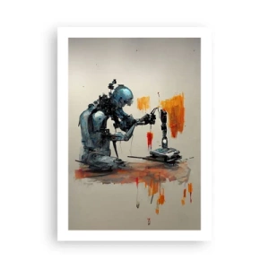 Póster - Un robot cibernético en el acto de crear arte. - 50x70cm - Próximamente... - Decoración de pared moderna para salón y dormitorio ARTTOR