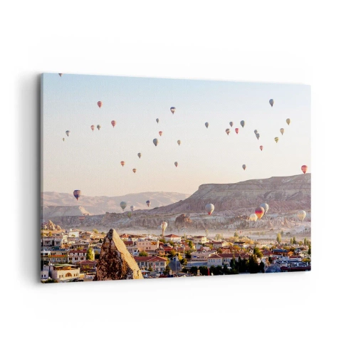 Cuadro sobre lienzo - Impresión de Imagen - Capadocia con globos con el telón de fondo de pintorescas colinas. - 100x70cm - Surcando los cielos - Decoración de pared moderna para salón y dormitorio ARTTOR
