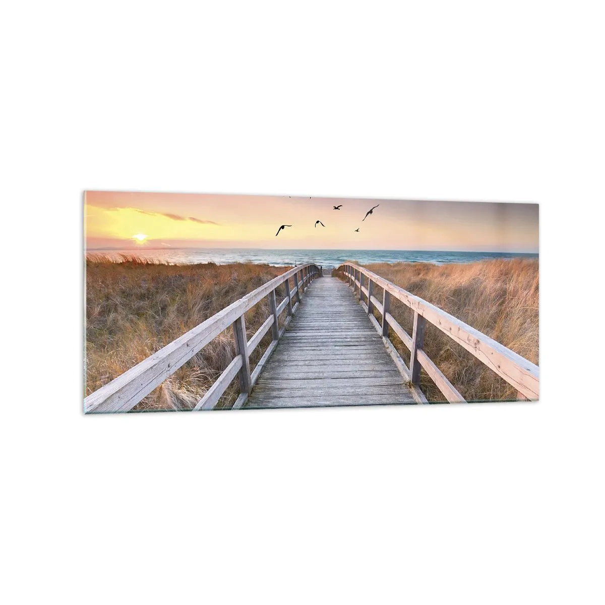Cuadro sobre vidrio - Impresiones sobre Vidrio - Muelle de madera que conduce a la playa al atardecer - 120x50cm - Camino a lo desconocido - Decoración de pared moderna para salón y dormitorio ARTTOR