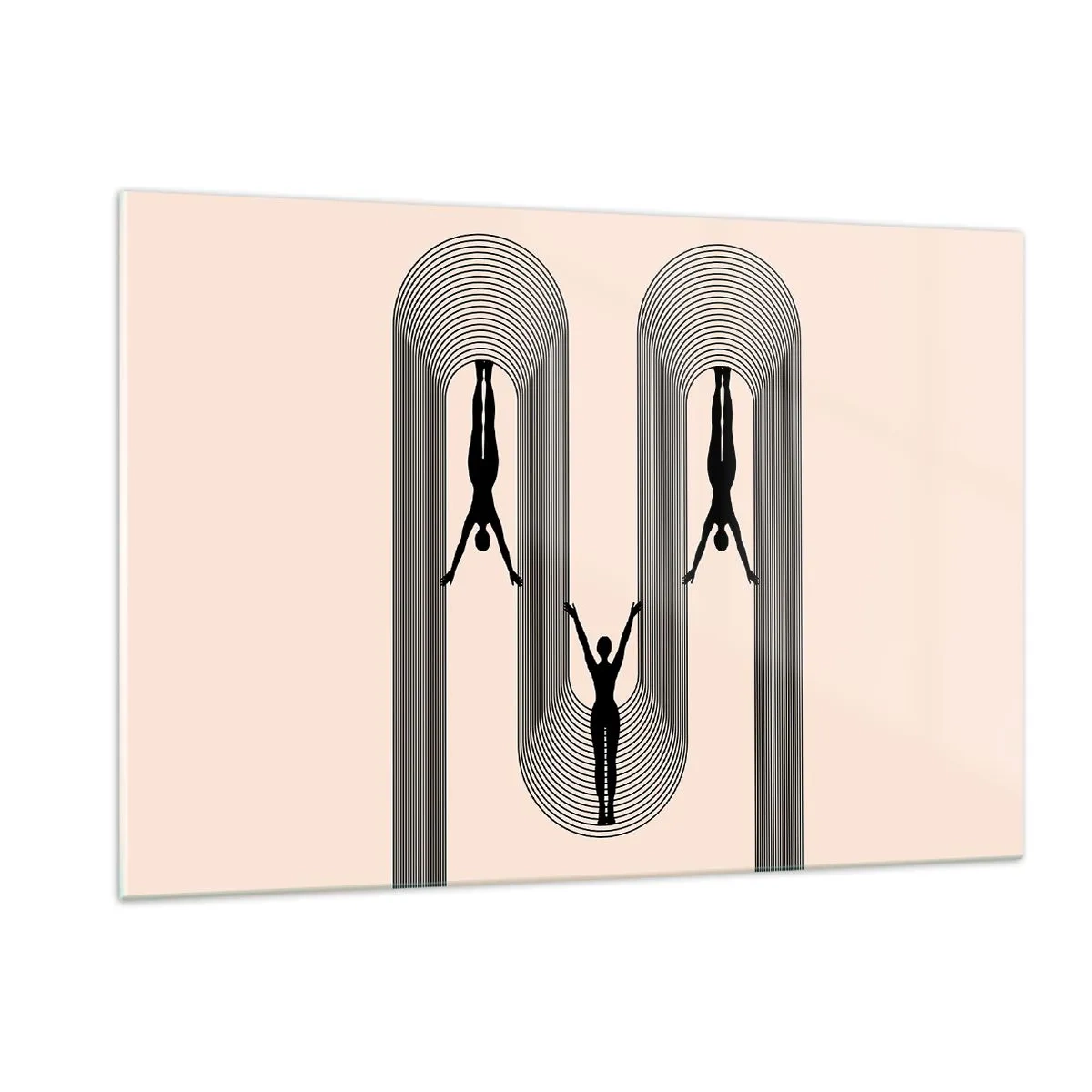 Cuadro sobre vidrio - Impresiones sobre Vidrio - Siluetas negras de figuras suspendidas en arcos rítmicos - 120x80cm - Al revés, o no - Decoración de pared moderna para salón y dormitorio ARTTOR