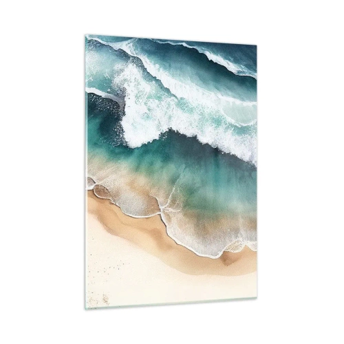 Cuadro sobre vidrio - Impresiones sobre Vidrio - Olas del océano rompiendo en una playa de arena dorada - 50x70cm - Un encuentro eterno - Decoración de pared moderna para salón y dormitorio ARTTOR