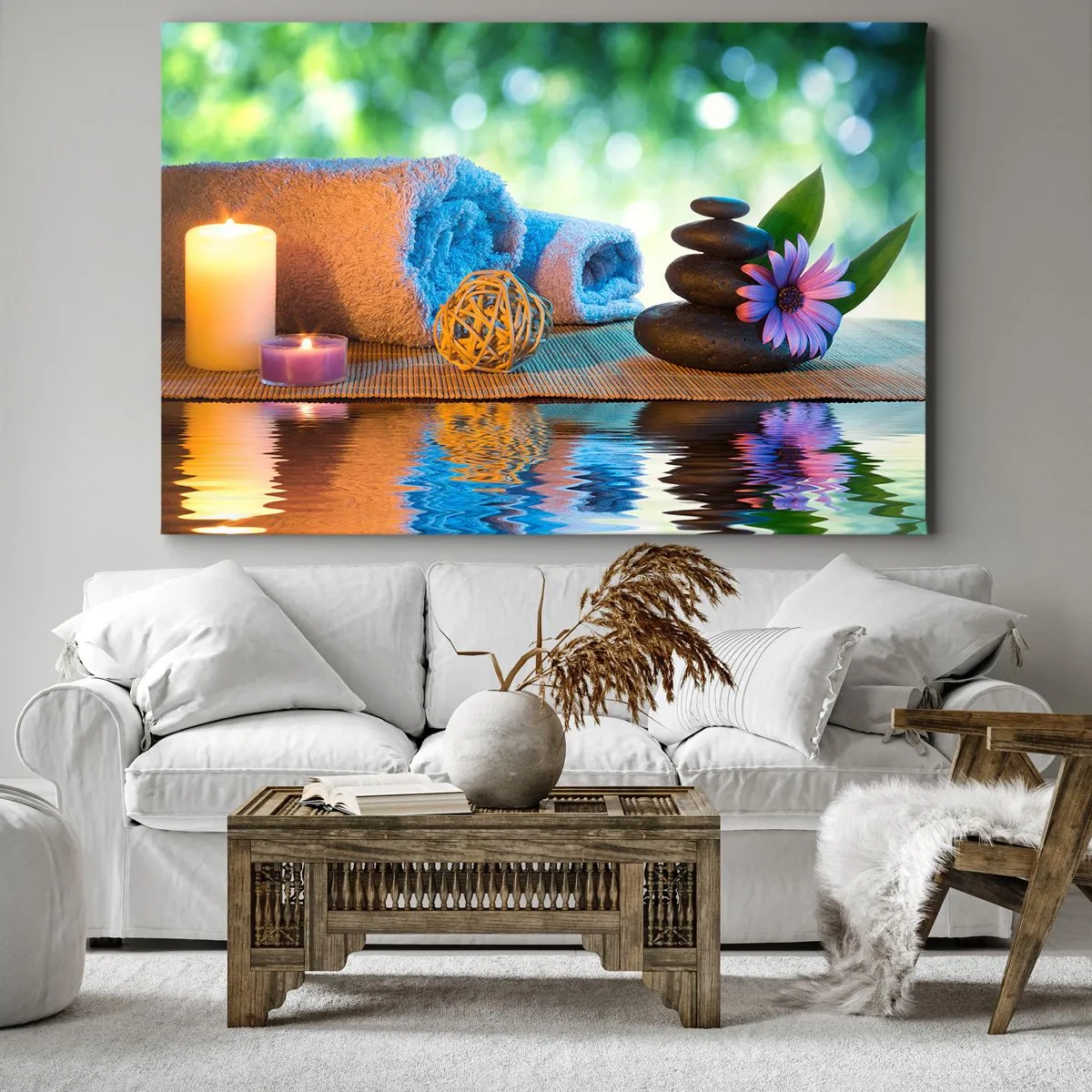 Cuadro sobre lienzo - Impresión de Imagen - Set de SPA relajante con toallas, velas y piedras - 100x70cm - Tiempo para el cuerpo - Decoración de pared moderna para salón y dormitorio ARTTOR