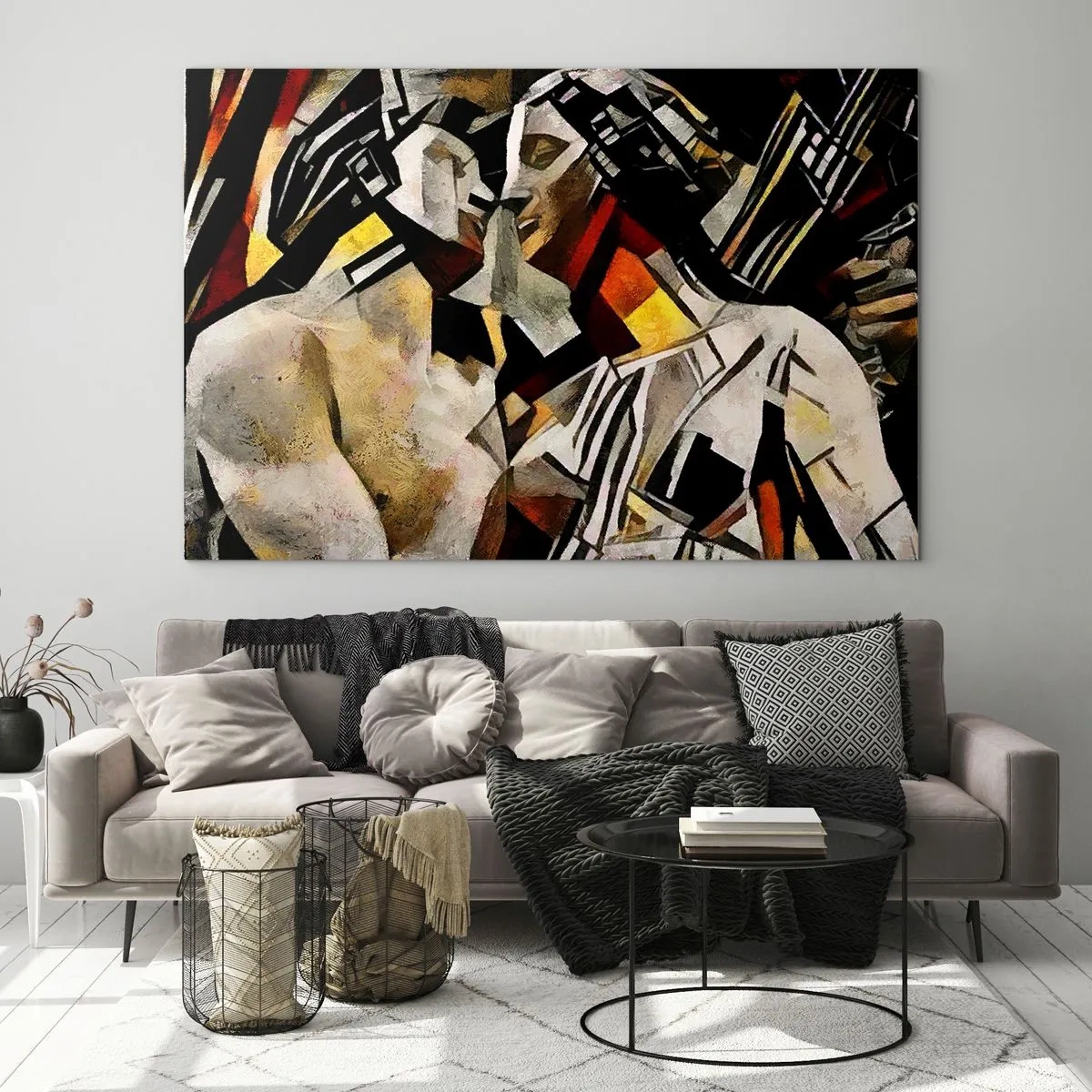 Cuadro sobre vidrio - Impresiones sobre Vidrio - Pareja abstracta en patrones geométricos - 70x50cm - Un beso escultural - Decoración de pared moderna para salón y dormitorio ARTTOR