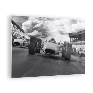 Cuadro sobre vidrio - Impresiones sobre Vidrio - Carrera de coches clásicos en una pista en blanco y negro - 70x50cm - ¡Hay poder! - Decoración de pared moderna para salón y dormitorio ARTTOR