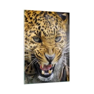 Cuadro sobre vidrio - Impresiones sobre Vidrio - Un primer plano de un leopardo amenazante con sus colmillos al descubierto. - 80x120cm - ¡Atrás, te lo advierto! - Decoración de pared moderna para salón y dormitorio ARTTOR