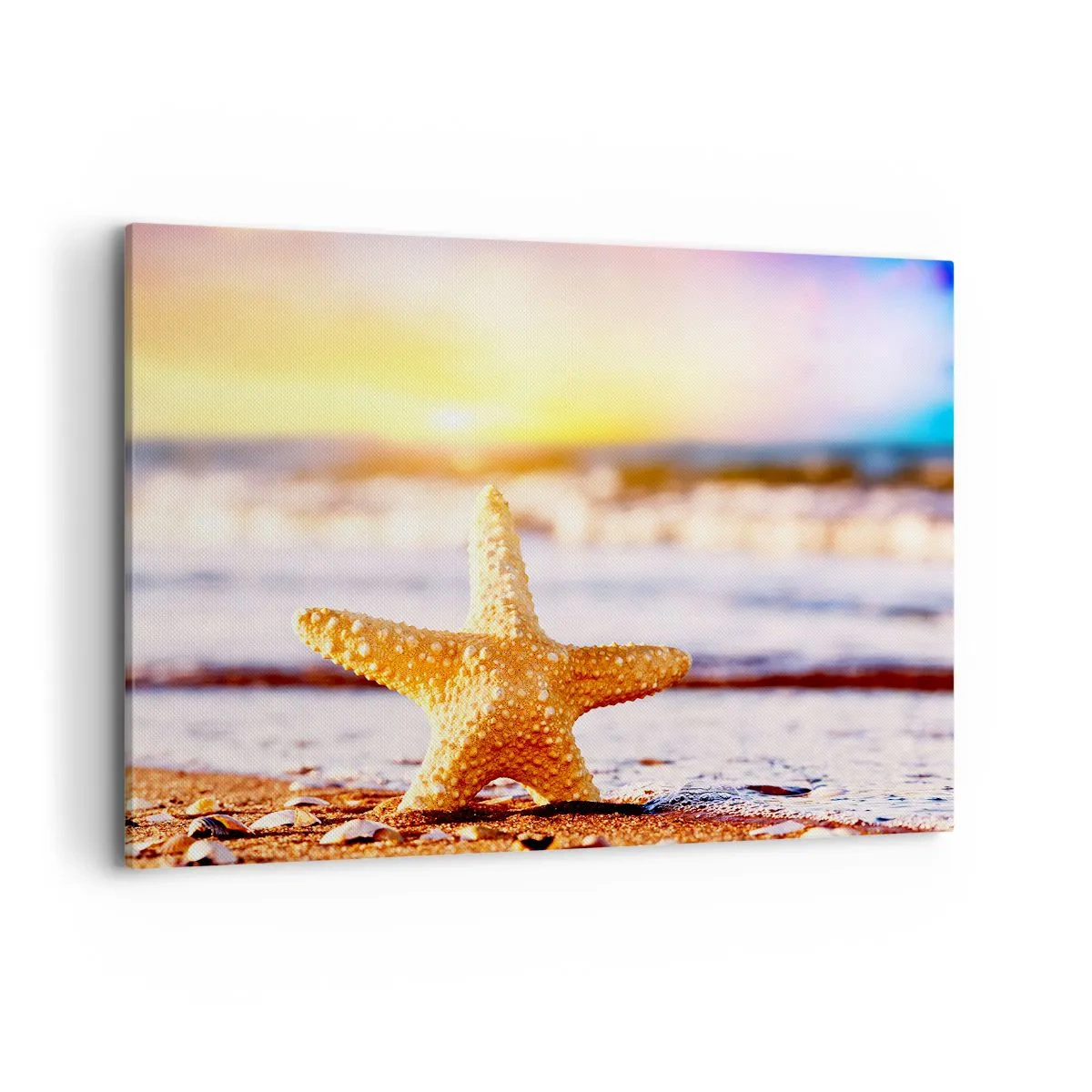 Cuadro sobre lienzo - Impresión de Imagen - Una estrella de mar en una playa de arena bajo el resplandor del sol poniente. - 120x80cm - Regalo del mar - Decoración de pared moderna para salón y dormitorio ARTTOR