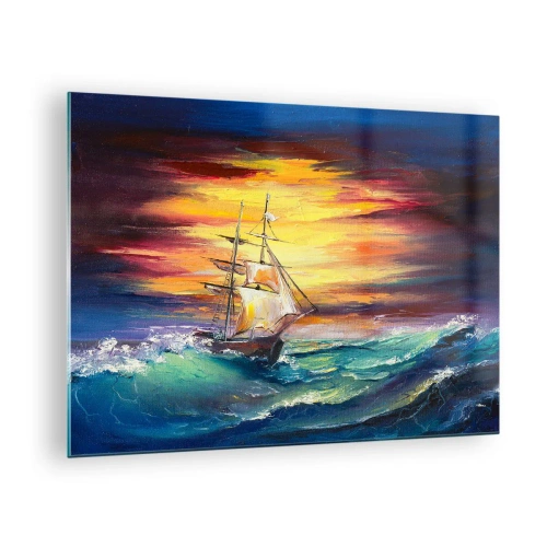 Cuadro sobre vidrio - Impresiones sobre Vidrio - Un barco en un mar tempestuoso al atardecer - 70x50cm - Valientemente surcando las olas - Decoración de pared moderna para salón y dormitorio ARTTOR
