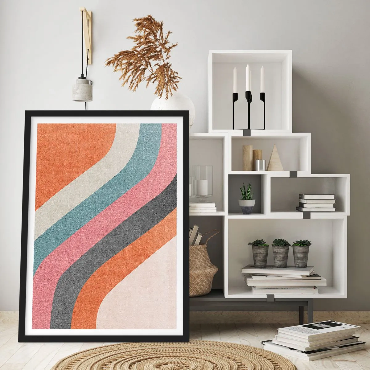 Póster en marco negro - Rayas retro geométricas - 50x70cm - Composición diagonal - movimiento - Decoración de pared moderna para salón y dormitorio ARTTOR