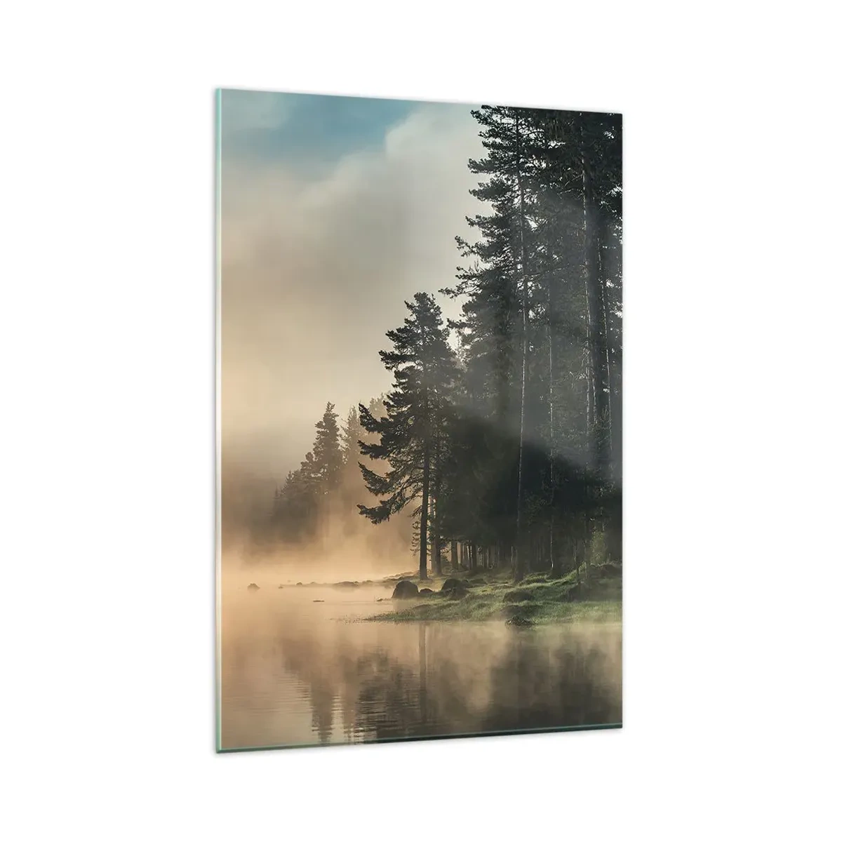 Cuadro sobre vidrio - Impresiones sobre Vidrio - Un bosque brumoso sobre un lago tranquilo. - 80x120cm - El nacimiento de un día - Decoración de pared moderna para salón y dormitorio ARTTOR