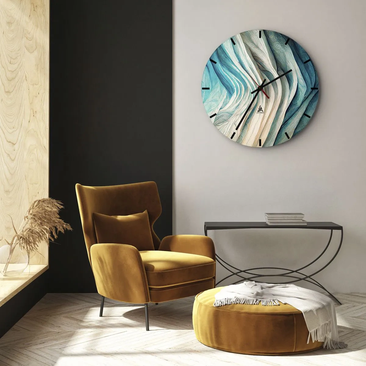 Reloj de pared - Reloj de vidrio - Ondas orgánicas en tonos azules, beige y turquesa. - 30x30cm - Azul insaciable - Decoración de pared moderna para salón, cocina y dormitorio ARTTOR