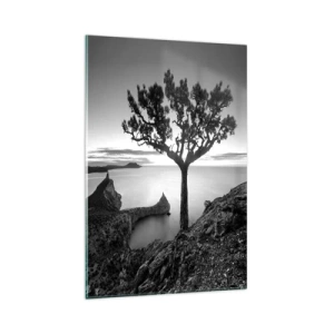 Cuadro sobre vidrio - Impresiones sobre Vidrio - Paisaje en blanco y negro con un árbol solitario en un acantilado sobre el mar. - 80x120cm - Calma hasta el horizonte - Decoración de pared moderna para salón y dormitorio ARTTOR