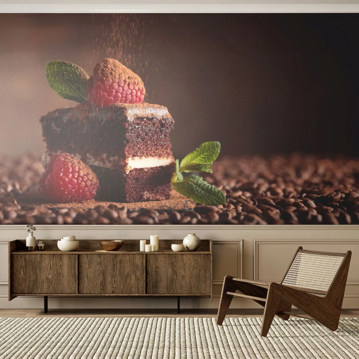 Fotomural Premium Sand - Un trozo de pastel de chocolate con frambuesas y granos de café. - 100x70cm - La vida es dulce - Decoración de pared moderna para salón y dormitorio ARTTOR