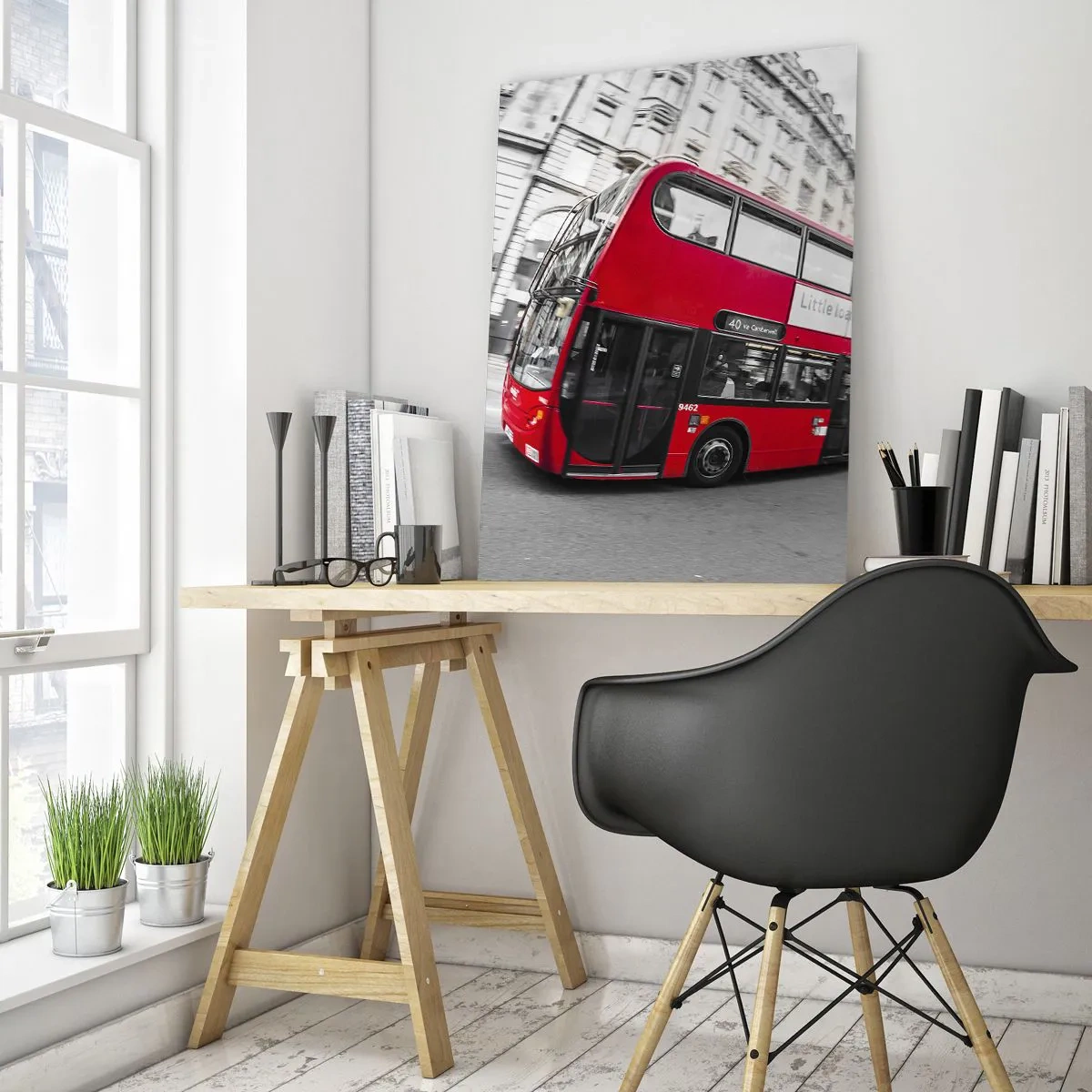 Cuadro sobre vidrio - Impresiones sobre Vidrio - Un autobús rojo en movimiento con las calles de Londres como telón de fondo. - 50x70cm - Londres tradicional - en autobús - Decoración de pared moderna para salón y dormitorio ARTTOR