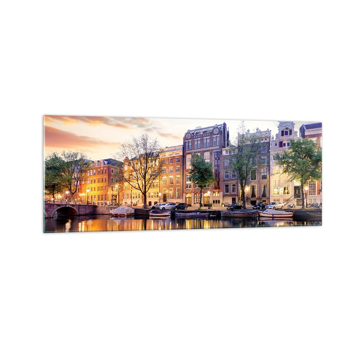 Cuadro sobre vidrio - Impresiones sobre Vidrio - Canal con reflejo de casas de vecindad a la luz del atardecer - 140x50cm - La belleza holandesa, sobria y tranquila - Decoración de pared moderna para salón y dormitorio ARTTOR
