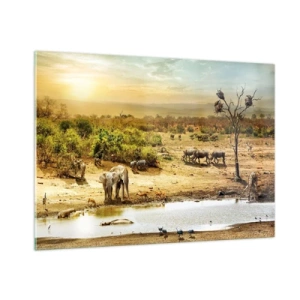 Cuadro sobre vidrio - Impresiones sobre Vidrio - Elefantes y animales en un abrevadero con un paisaje africano como telón de fondo. - 100x70cm - Y del Edén fluyó un río... - Decoración de pared moderna para salón y dormitorio ARTTOR