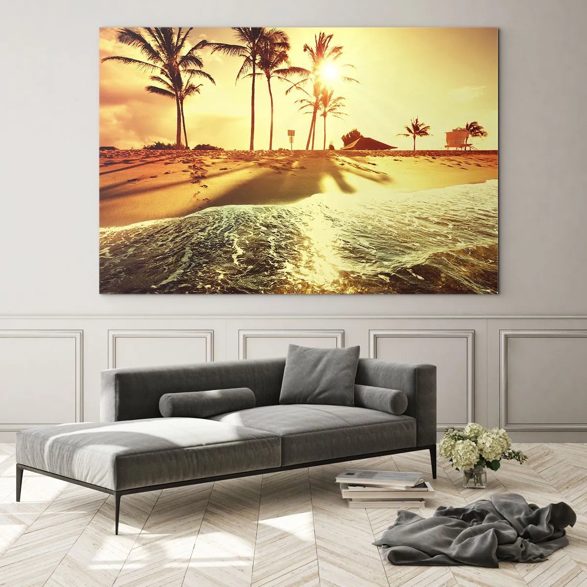 Cuadro sobre vidrio - Impresiones sobre Vidrio - Playa dorada con palmeras al atardecer y un mar en calma. - 100x70cm - Una tarde californiana - Decoración de pared moderna para salón y dormitorio ARTTOR