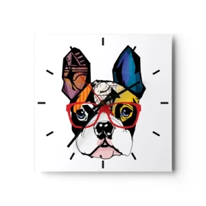 Reloj de pared - Reloj de vidrio - Bulldog en una ilustración colorida con gafas rojas. - 30x30cm - El intelectual - Decoración de pared moderna para salón y dormitorio ARTTOR