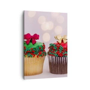 Cuadro sobre lienzo - Impresión de Imagen - Cupcakes navideños con chispas de colores y lazos. - 50x70cm - Dulzura hasta el lazo - Decoración de pared moderna para salón y dormitorio ARTTOR