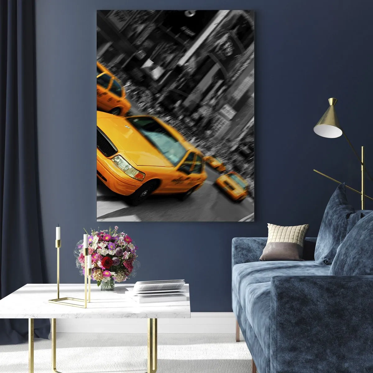 Cuadro sobre vidrio - Impresiones sobre Vidrio - Taxis amarillos con el telón de fondo de calles de la ciudad en blanco y negro - 50x70cm - El sol cae sobre Nueva York - Decoración de pared moderna para salón y dormitorio ARTTOR