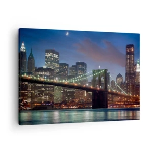 Cuadro sobre lienzo - Impresión de Imagen - Puente de la ciudad de Nueva York de noche con edificios iluminados - 70x50cm - Una noche iluminada - Decoración de pared moderna para salón y dormitorio ARTTOR