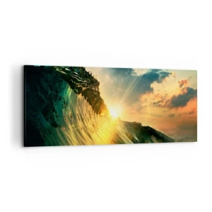 Cuadro sobre lienzo - Impresión de Imagen - Una ola con el sol poniente y nubes iluminadas. - 120x50cm - Surfer, ¿dónde estás? - Decoración de pared moderna para salón y dormitorio ARTTOR