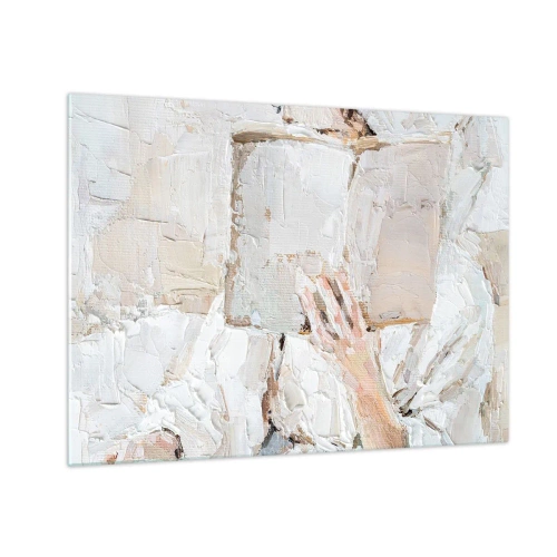 Cuadro sobre vidrio - Impresiones sobre Vidrio - Una persona inmersa en la lectura de un libro sobre un fondo brillante e impresionista. - 70x50cm - En otro mundo - Decoración de pared moderna para salón y dormitorio ARTTOR