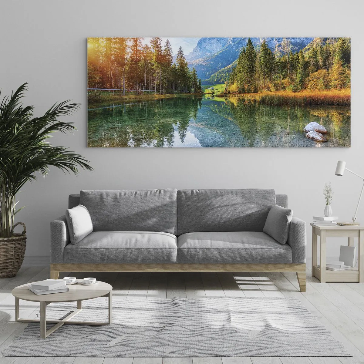 Cuadro sobre vidrio - Impresiones sobre Vidrio - Un pintoresco lago rodeado de montañas y bosques. - 160x50cm - La dulzura del otoño - Decoración de pared moderna para salón y dormitorio ARTTOR