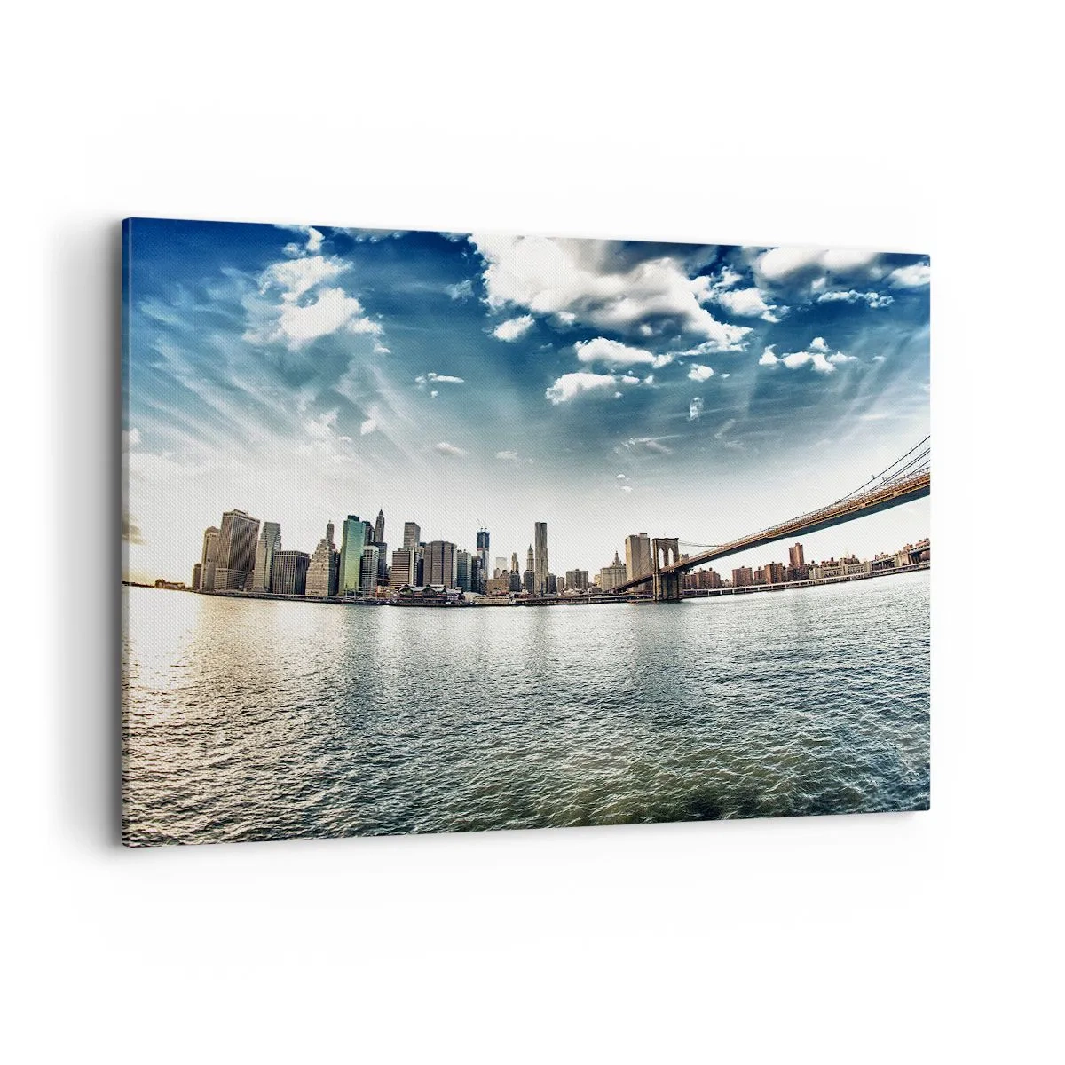 Cuadro sobre lienzo - Impresión de Imagen - Panorama de la ciudad con un puente contra el cielo azul. - 100x70cm - Isla de cristal - Decoración de pared moderna para salón y dormitorio ARTTOR
