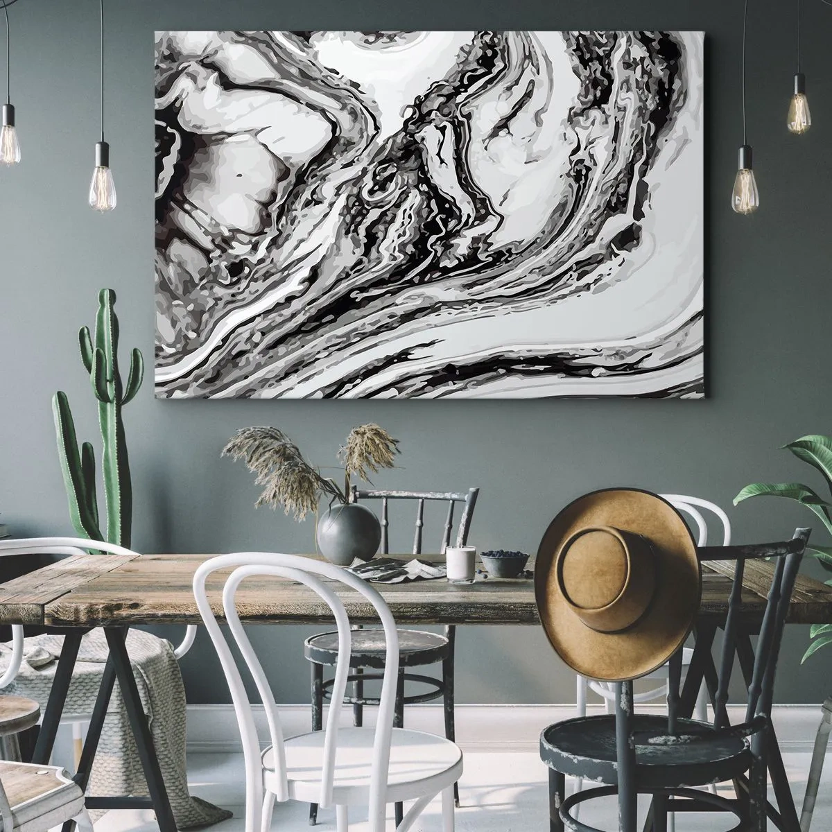 Cuadro sobre lienzo - Impresión de Imagen - Patrón de mármol abstracto en blanco y negro - 70x50cm - Al principio existía el caos - Decoración de pared moderna para salón y dormitorio ARTTOR