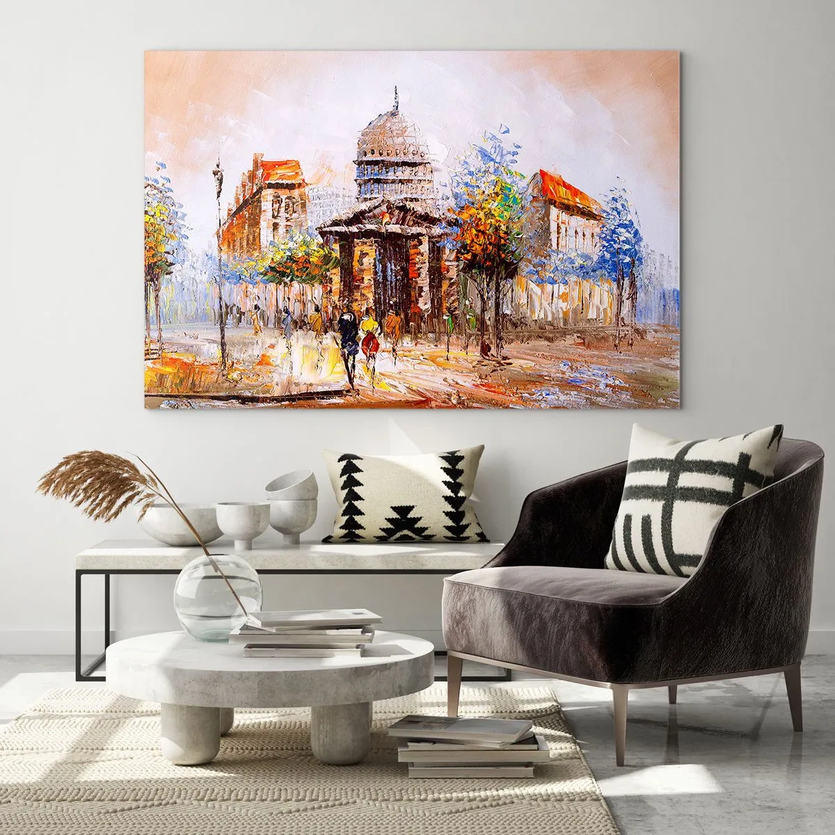 Cuadro sobre vidrio - Impresiones sobre Vidrio - Una pintoresca calle de la ciudad con un edificio histórico al fondo. - 70x50cm - Un paseo parisino - Decoración de pared moderna para salón y dormitorio ARTTOR
