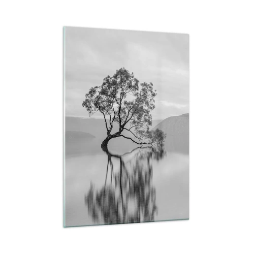 Cuadro sobre vidrio - Impresiones sobre Vidrio - Un árbol solitario en el agua en un paisaje en blanco y negro. - 50x70cm - Existe tal lugar en el mundo - Decoración de pared moderna para salón y dormitorio ARTTOR