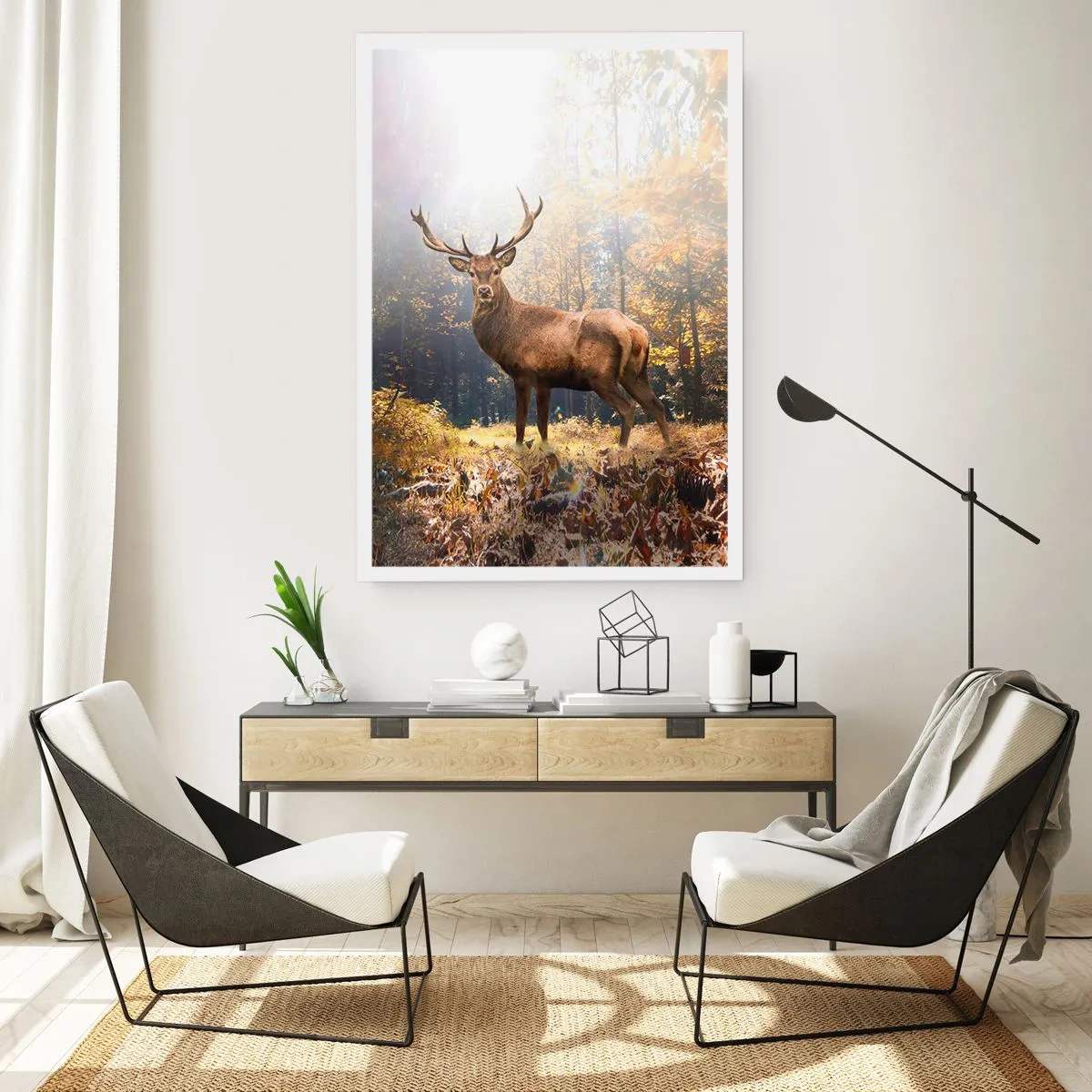 Póster - Un ciervo en un bosque iluminado por la luz del sol. - 50x70cm - Con toda la majestuosidad - Decoración de pared moderna para salón y dormitorio ARTTOR