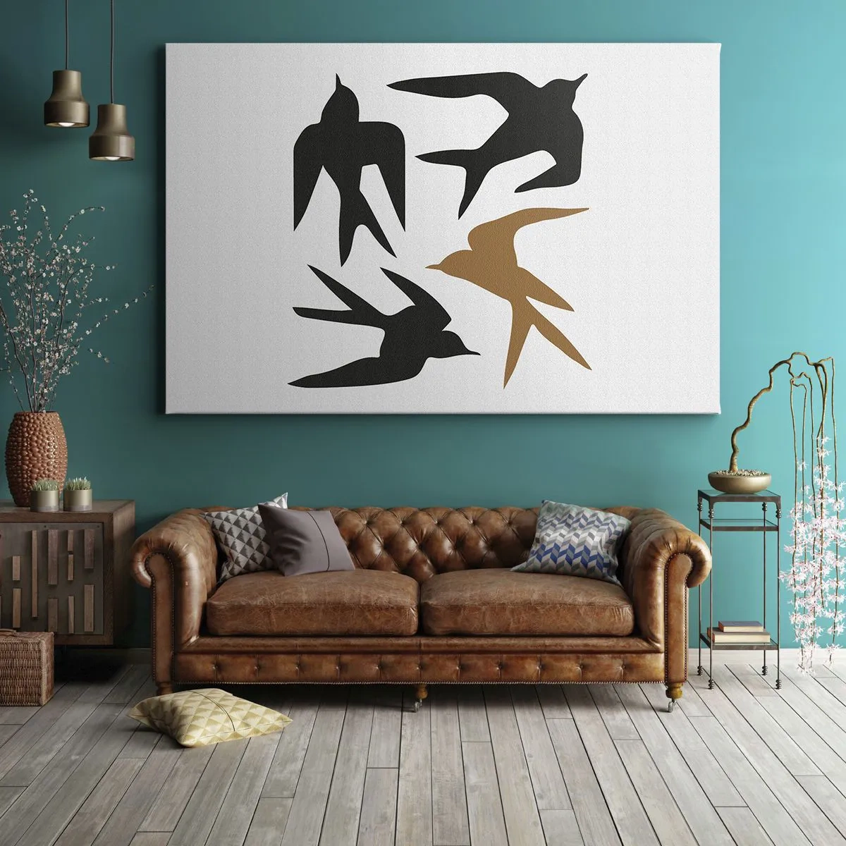 Cuadro sobre lienzo - Impresión de Imagen - Siluetas de golondrinas en negro y dorado - 70x50cm - Juegos de golondrinas - Decoración de pared moderna para salón y dormitorio ARTTOR