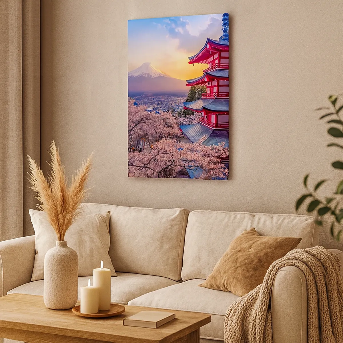 Cuadro sobre lienzo - Impresión de Imagen - Una pagoda en Japón con flores de cerezo y el monte Fuji. - 50x70cm - La esencia del espíritu japonés - Decoración de pared moderna para salón y dormitorio ARTTOR